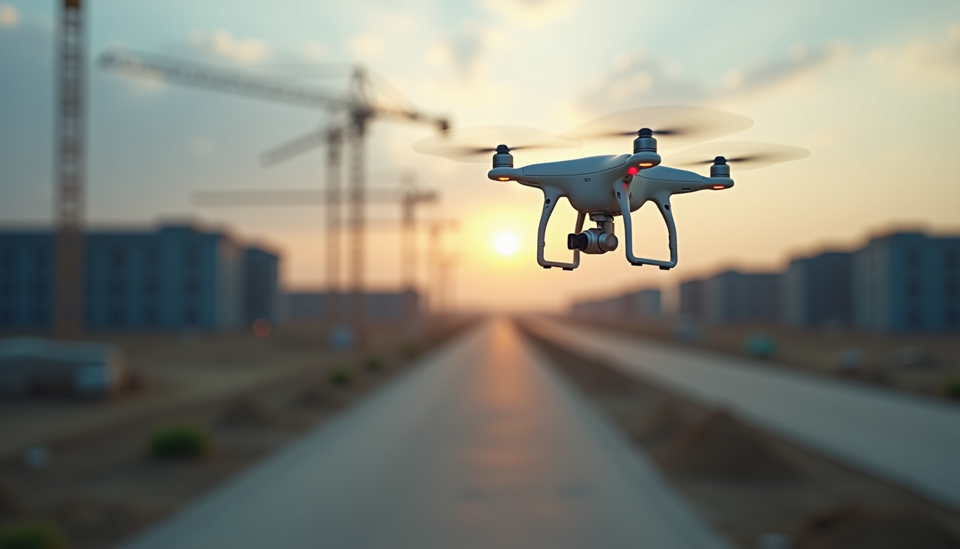 Eye-level view of a drone capturing aerial images over a construction site
