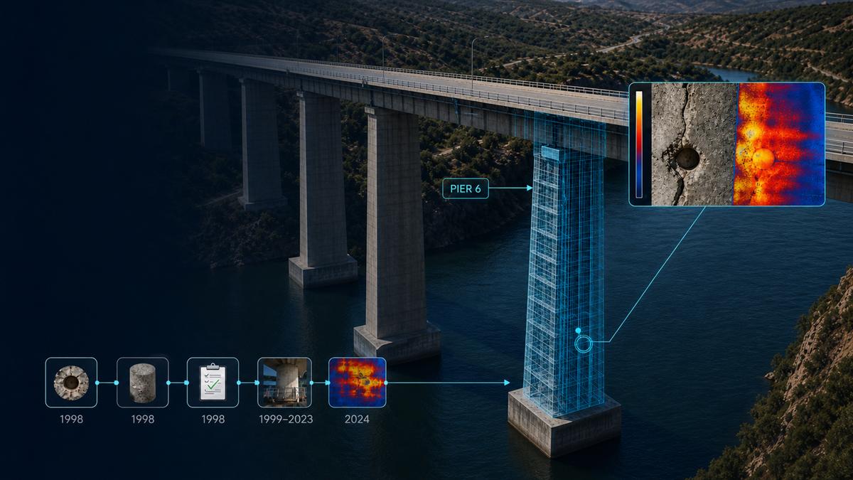 Bridge with Pier 6 shown as an observation-rich cutaway connecting original observation to recurring inspections and a 2026 thermal moisture finding.